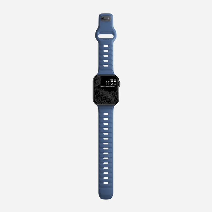 Full view of the 41mm Naval Blue Sport Band for Apple Watch, demonstrating its seamless design and athletic look