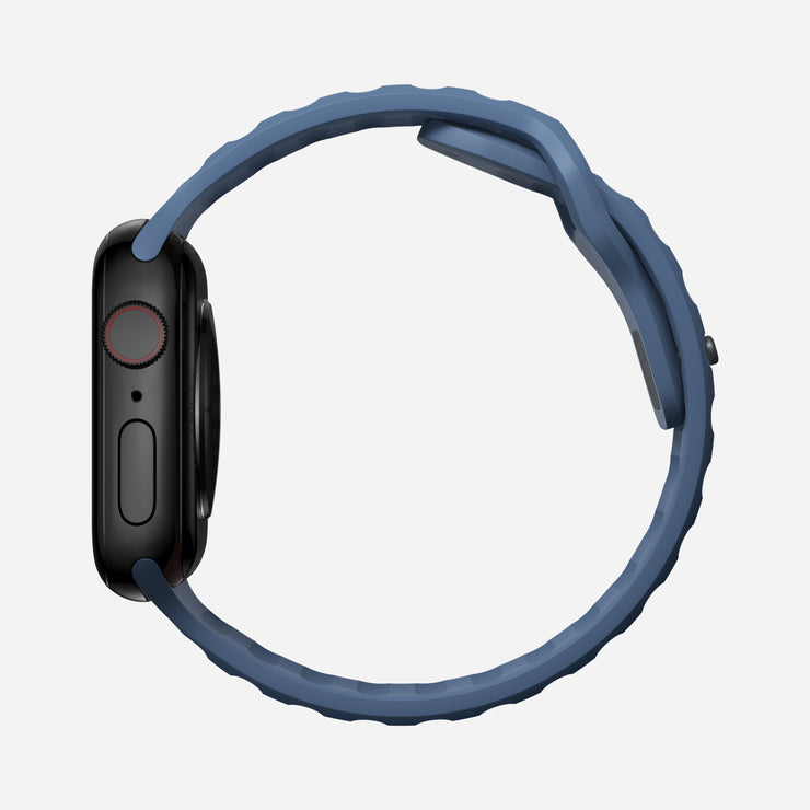 Side view of the 41mm Naval Blue Sport Band for Apple Watch, focusing on its sleek profile and lightweight, breathable design