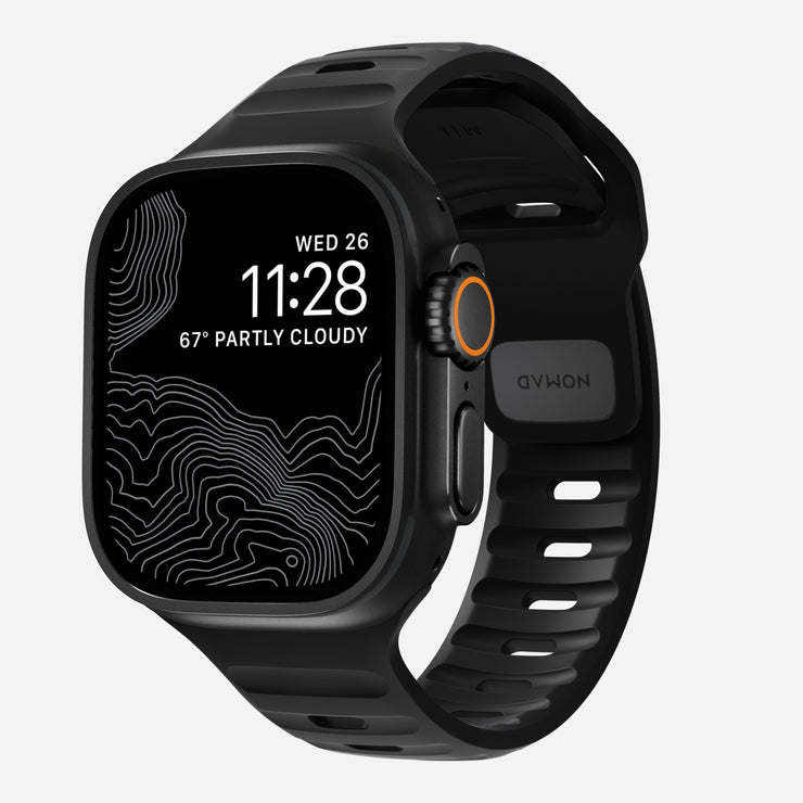  Front view of the Sport Band for 45mm Apple Watch in Black, showcasing its sleek design and low-profile closure