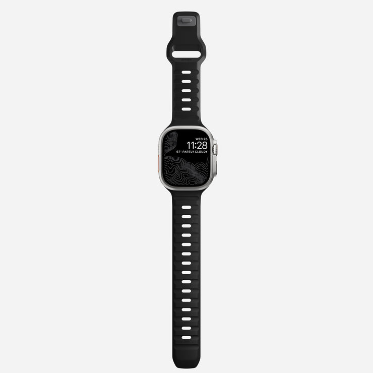 Full view of the Sport Band for 45mm Apple Watch in Black, showing its entire length and lightweight construction