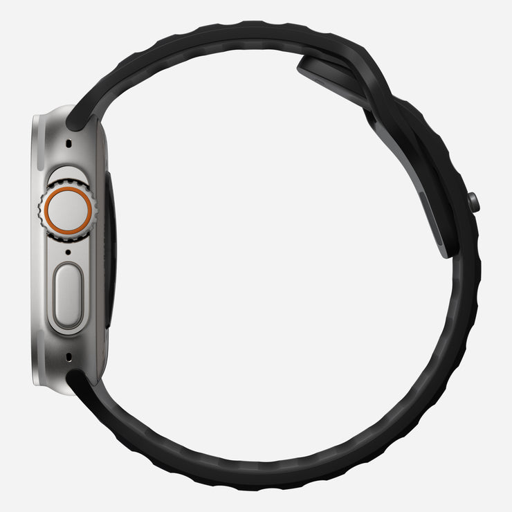 Side view of the Sport Band for 45mm Apple Watch in Black, focusing on its profile and ventilation channels