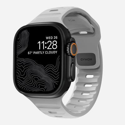 Front view of the Sport Band for 45mm Apple Watch in Lunar Gray, showcasing its sleek design and modern look