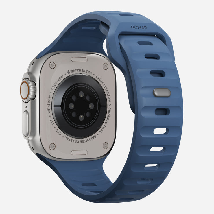 Back view of the 45mm Naval Blue Sport Band for Apple Watch, showing the interior ventilation channels for breathability