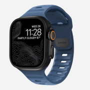 Front view of the 45mm Naval Blue Sport Band for Apple Watch, showcasing its sleek and modern athletic design