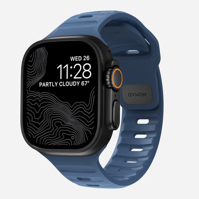 Front view of the 45mm Naval Blue Sport Band for Apple Watch, showcasing its sleek and modern athletic design