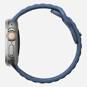 Side view of the 45mm Naval Blue Sport Band for Apple Watch, focusing on its streamlined profile and breathable design