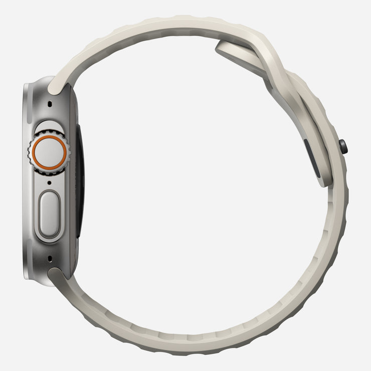 Side view of the 45mm Stone Sport Band for Apple Watch, focusing on its sleek profile and lightweight, breathable design