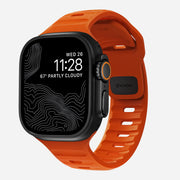 Front view of the Sport Band for Apple Watch in Ultra Orange, highlighting its vibrant color and athletic design