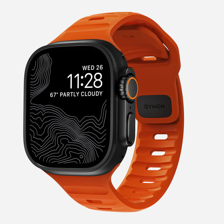 Front view of the Sport Band for Apple Watch in Ultra Orange, highlighting its vibrant color and athletic design