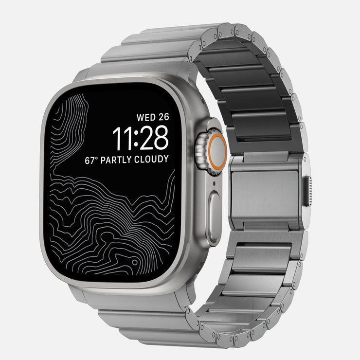 Front view of the Titanium Band for Apple Watch, featuring Natural Hardware and showcasing its sleek, metallic finish and elegant design