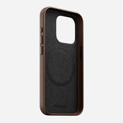 Back view of the Traditional Leather Case for iPhone 15 Pro in Brown, featuring a seamless leather design and anodized camera ring