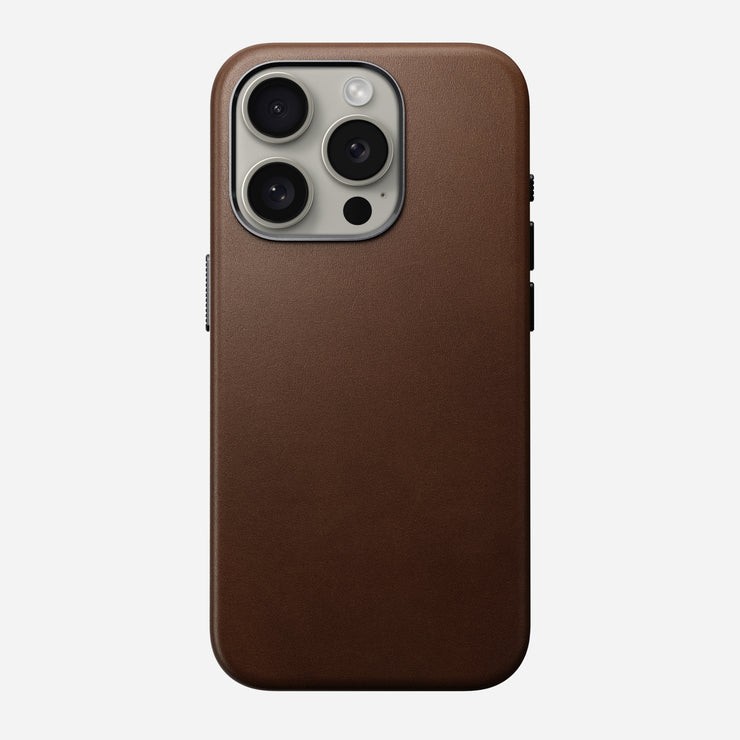 Front view of the iPhone 15 Pro Traditional Leather Case in Brown, showing the full-grain leather and precise fit