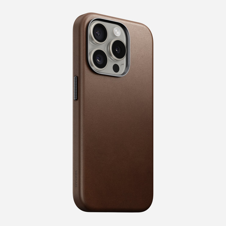 Front view of the Traditional Leather Case for iPhone 15 Pro in Brown, showcasing its seamless full-wrap leather design