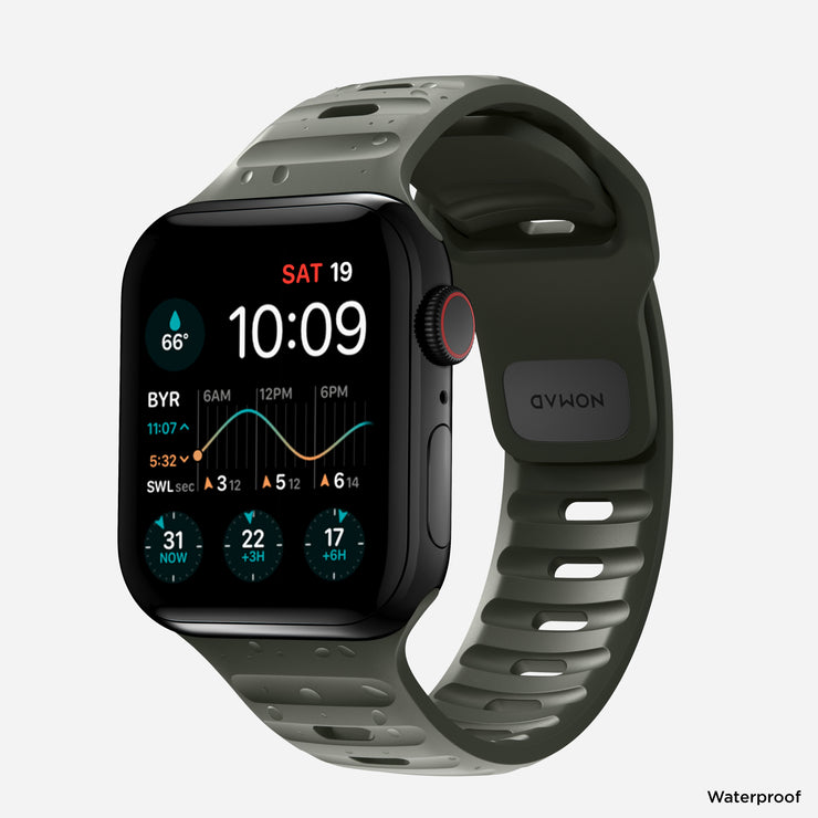 Front view of the 45mm Ash Green Sport Band for Apple Watch, showcasing the breathable design and durable FKM fluoroelastomer material