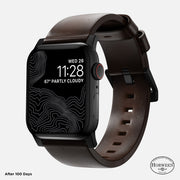 Front view of the 45mm Modern Band with Black Hardware, highlighting its Rustic Brown Horween leather and sleek, contemporary design