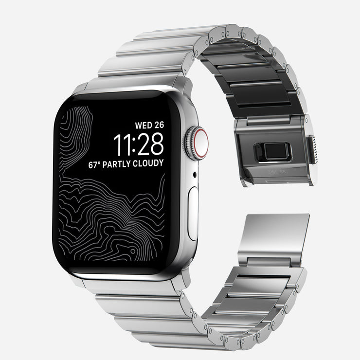 Front view of the 45mm Steel Band with silver hardware, emphasizing its premium materials and modern aesthetic