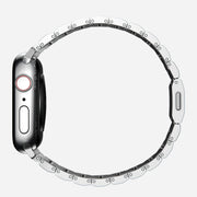 Side view of the Steel Band for Apple Watch, emphasizing the adjustable links and silver finish