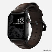 Front view of the 45mm Traditional Band with Black Hardware, highlighting its Rustic Brown Horween leather and minimalistic design