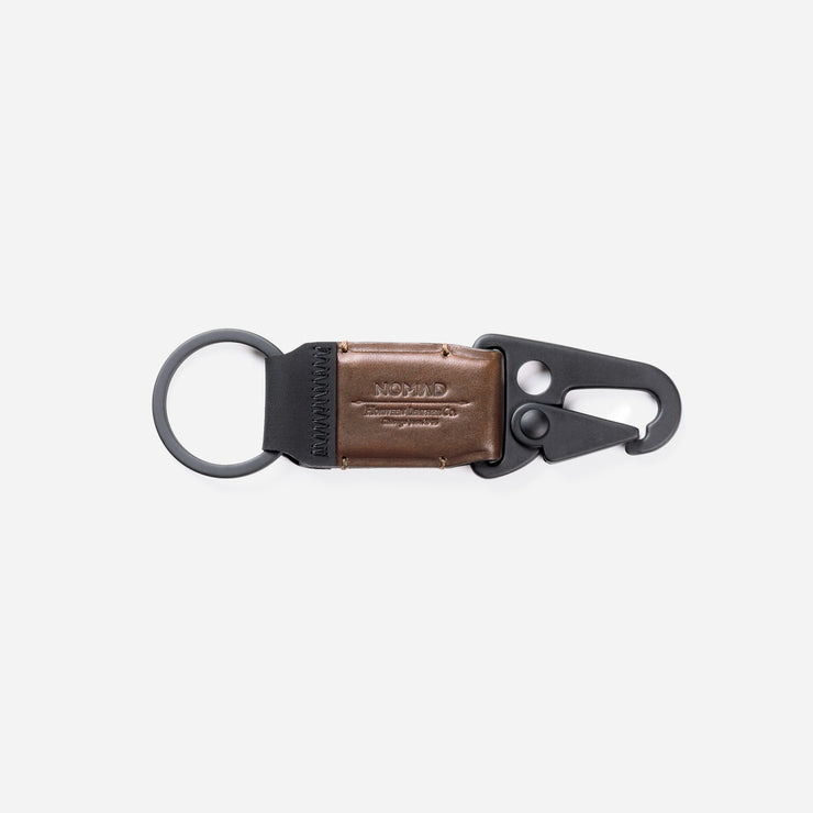 Front view of the Key Clip in Rustic Brown, showcasing its sleek design and Horween leather texture.