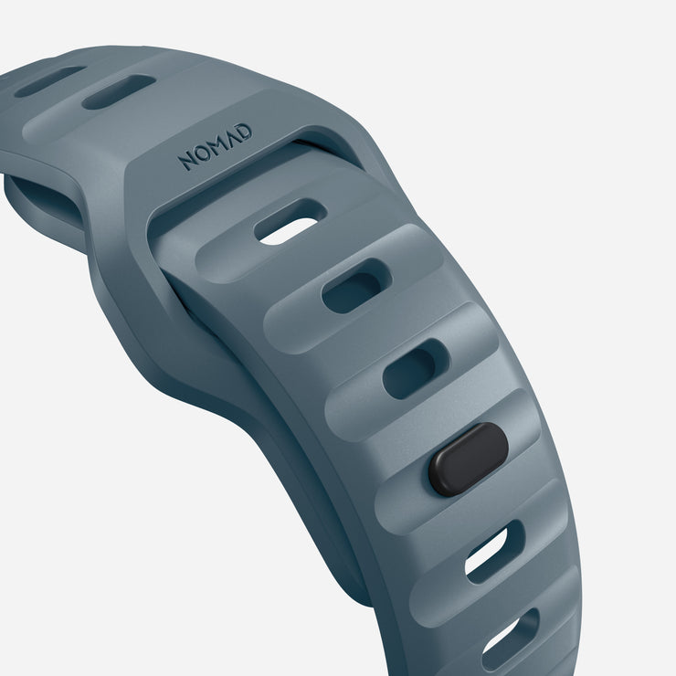 Close-up of the Marine Blue Sport Band, emphasizing the custom aluminum closure pin