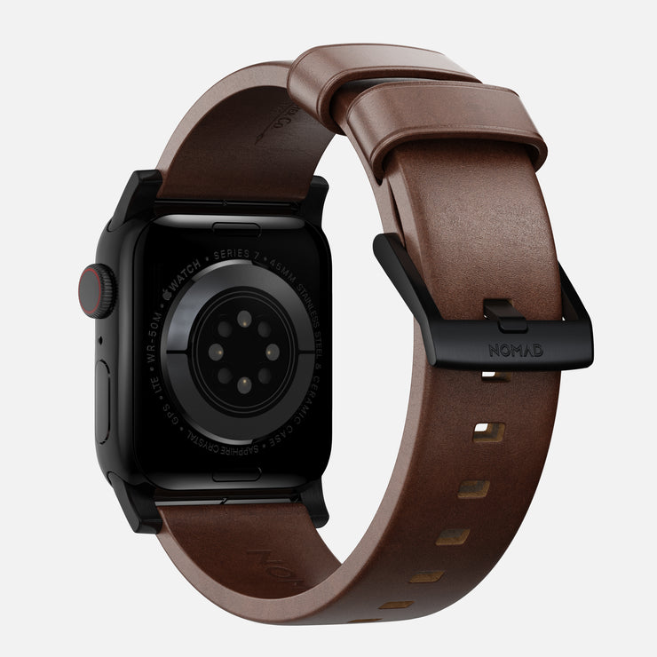 Back view of the Modern Band for Apple Watch, showcasing the Rustic Brown Horween leather and Black Hardware's finishing details