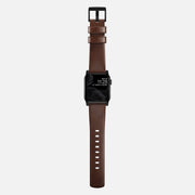 Whole view of the Modern Band for Apple Watch, demonstrating the full length and design in Rustic Brown Horween leather with Black Hardware