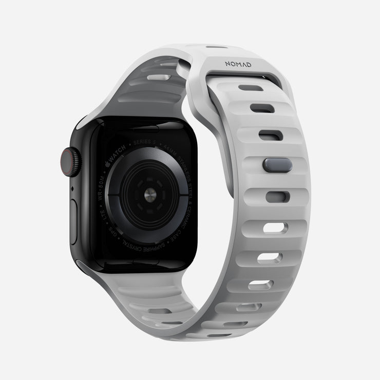 Back view of the Sport Band for 41mm Apple Watch in Lunar Gray, highlighting the ventilation channels and waterproof design