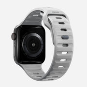 Back view of the Sport Band for 45mm Apple Watch in Lunar Gray, highlighting the ventilation channels and waterproof design