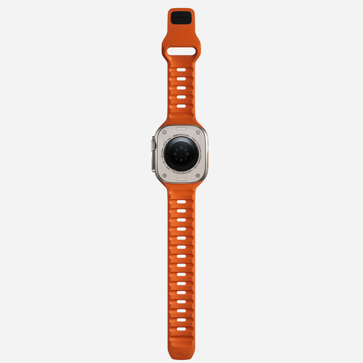 Back view of the 45mm Sport Band in Ultra Orange, emphasizing the practical design elements and secure fit