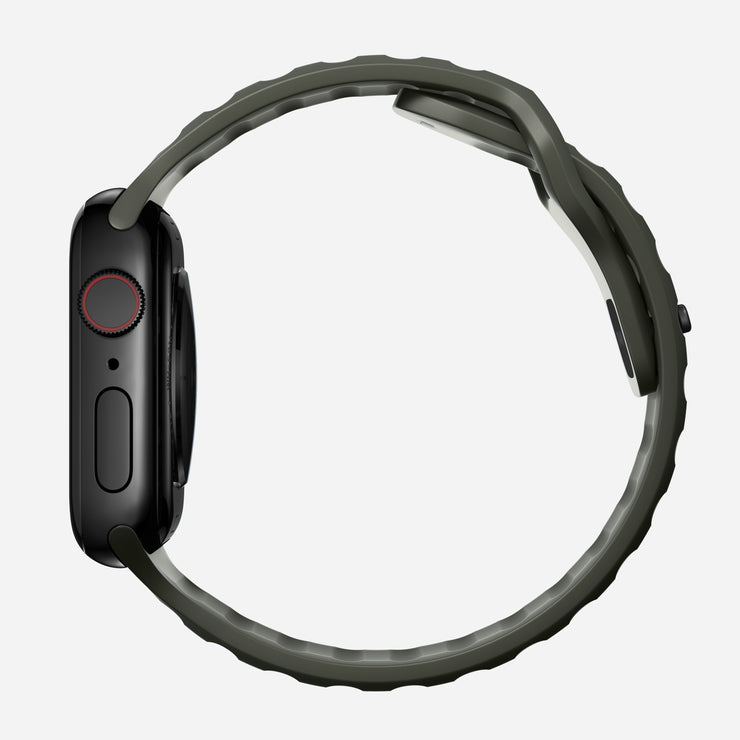 Side view of the 45mm Ash Green Sport Band for Apple Watch, illustrating its flexible and durable structure