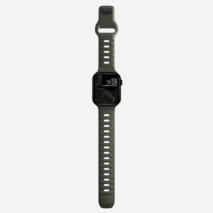 Full product view of the 45mm Ash Green Sport Band for Apple Watch, displaying its lightweight, waterproof design