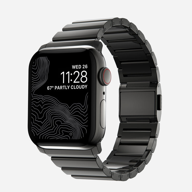 Front view of the Steel Band for Apple Watch, showcasing its sleek graphite hardware and durable stainless steel links