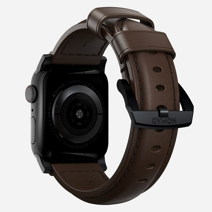 Back view of the Traditional Band for Apple Watch, highlighting the Rustic Brown Horween leather and Black Hardware's finishing details